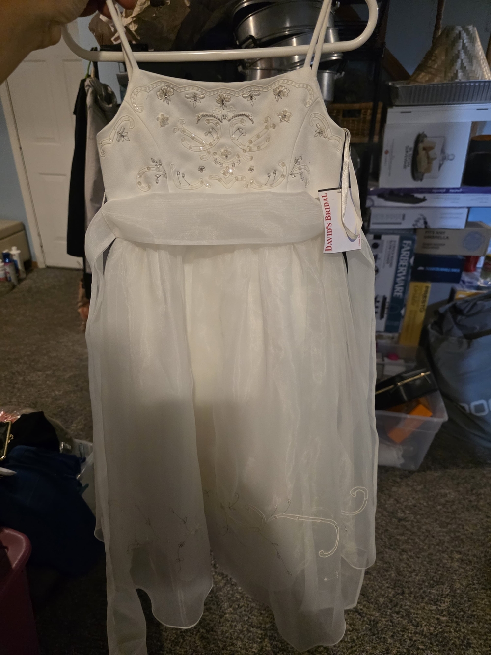 David's Bridal White Girls' Embellished Spaghetti-Strap Formal Dress